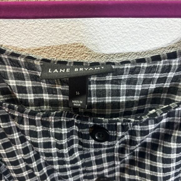 Lane Bryant Black White Plaid Peasant Button Front Top Size 16 Puff Sleeve Boho - Picture 2 of 6